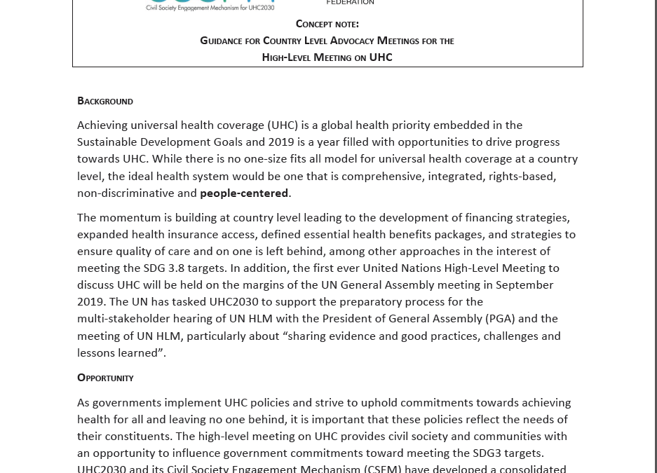 Guidance for Country Level Advocacy Meetings for the UN HLM on UHC
