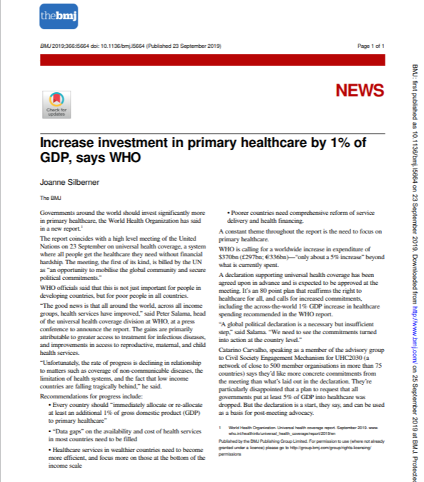 Increase investment in primary healthcare by 1% of GDP, says WHO